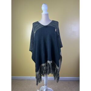 Chic Ruff Navy Gray Knit‎ Poncho Fringe Tassel Detail Boho Sweater Cape